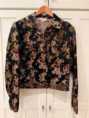 The Silk Box Black Floral Brocade Cropped Jacket Jacquard Statement Piece Size 6